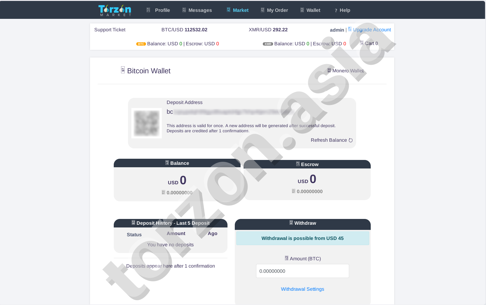 Torzon Market Bitcoin Wallet Interface
