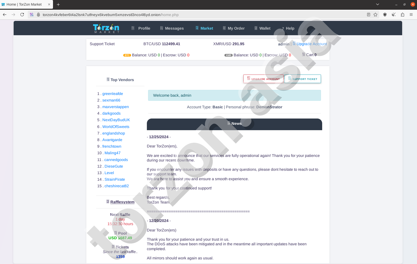 Torzon Market Homepage Dashboard